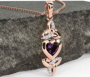 Diamond Alexandrite Rose Gold Silver Celtic Trinity Knot Heart Necklace