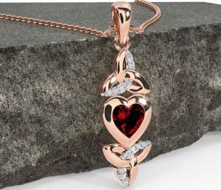 Diamond Garnet Rose Gold Silver Celtic Trinity Knot Heart Necklace