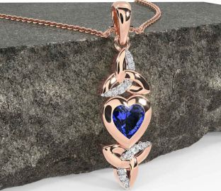 Diamond Sapphire Rose Gold Silver Celtic Trinity Knot Heart Necklace