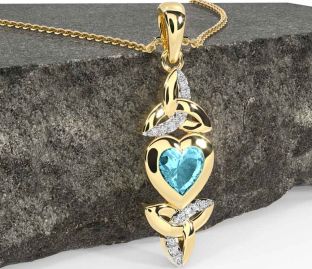 Diamond Aquamarine Gold Silver Celtic Trinity Knot Heart Necklace