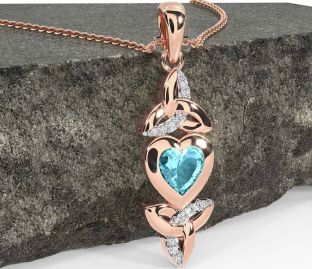 Diamond Aquamarine Rose Gold Celtic Trinity Knot Heart Necklace