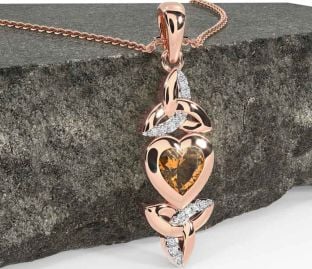 Diamond Citrine Rose Gold Celtic Trinity Knot Heart Necklace