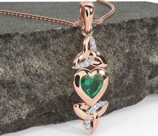 Diamond Emerald Rose Gold Celtic Trinity Knot Heart Necklace