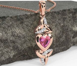 Diamond Pink Tourmaline Rose Gold Celtic Trinity Knot Heart Necklace