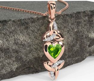 Diamond Peridot Rose Gold Celtic Trinity Knot Heart Necklace