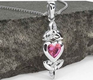 Diamond Pink Tourmaline Silver Celtic Trinity Knot Heart Necklace