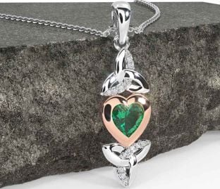 Diamond Emerald Rose Gold Silver Celtic Trinity Knot Heart Necklace