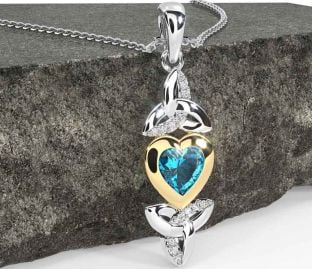 Diamond Topaz Gold Silver Celtic Trinity Knot Heart Necklace