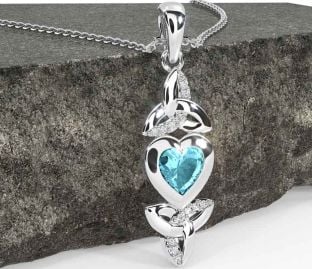 Diamond Aquamarine White Gold Celtic Trinity Knot Heart Necklace