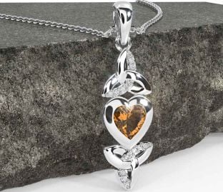 Diamond Citrine White Gold Celtic Trinity Knot Heart Necklace