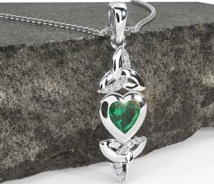Diamond Emerald White Gold Celtic Trinity Knot Heart Necklace
