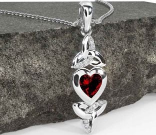 Diamond Garnet White Gold Celtic Trinity Knot Heart Necklace