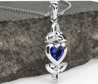 Diamond Sapphire White Gold Celtic Trinity Knot Heart Necklace