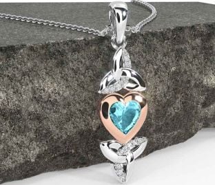 Diamond Aquamarine White Rose Gold Celtic Trinity Knot Heart Necklace