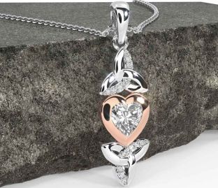 Diamond White Rose Gold Celtic Trinity Knot Heart Necklace