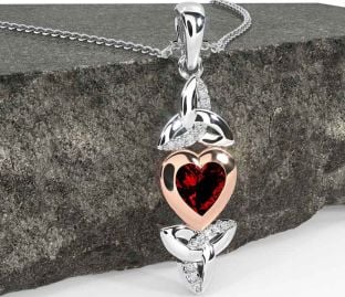 Diamond Garnet White Rose Gold Celtic Trinity Knot Heart Necklace