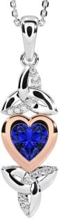 Diamond Sapphire White Rose Gold Celtic Trinity Knot Heart Necklace