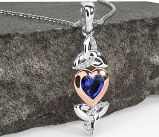 Diamond Sapphire White Rose Gold Celtic Trinity Knot Heart Necklace