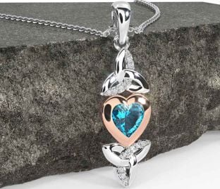 Diamond Topaz White Rose Gold Celtic Trinity Knot Heart Necklace
