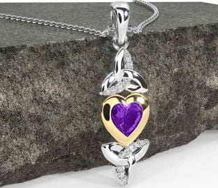 Diamond Amethyst White Yellow Gold Celtic Trinity Knot Heart Necklace