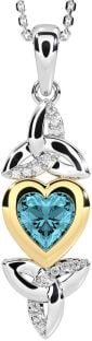 Diamond Aquamarine White Yellow Gold Celtic Trinity Knot Heart Necklace