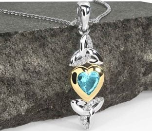 Diamond Aquamarine White Yellow Gold Celtic Trinity Knot Heart Necklace