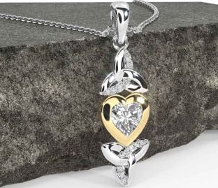 Diamond White Yellow Gold Celtic Trinity Knot Heart Necklace