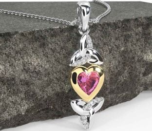 Diamond Pink Tourmaline White Yellow Gold Celtic Trinity Knot Heart Necklace