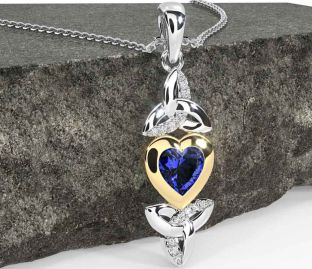 Diamond Sapphire White Yellow Gold Celtic Trinity Knot Heart Necklace