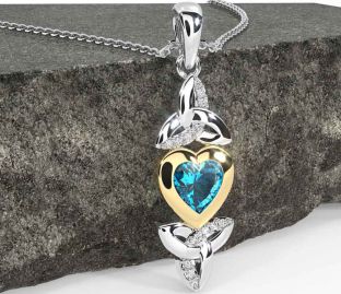 Diamond Topaz White Yellow Gold Celtic Trinity Knot Heart Necklace