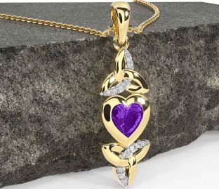 Diamond Amethyst Gold Celtic Trinity Knot Heart Necklace