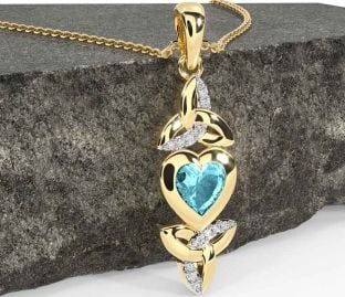 Diamond Aquamarine Gold Celtic Trinity Knot Heart Necklace