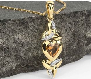 Diamond Citrine Gold Celtic Trinity Knot Heart Necklace