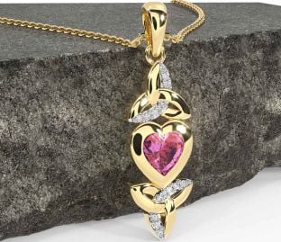 Diamond Pink Tourmaline Gold Celtic Trinity Knot Heart Necklace