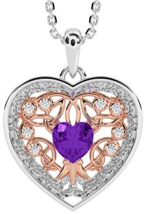 Diamond Amethyst Rose Gold Silver Celtic Tree of Life Trinity Knot Heart Necklace