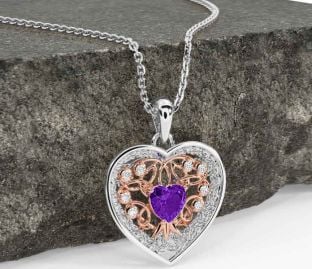 Diamond Amethyst Rose Gold Silver Celtic Tree of Life Trinity Knot Heart Necklace