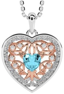 Diamond Aquamarine Rose Gold Silver Celtic Tree of Life Trinity Knot Heart Necklace