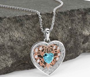 Diamond Aquamarine Rose Gold Silver Celtic Tree of Life Trinity Knot Heart Necklace