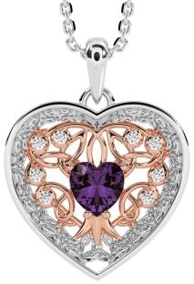 Diamond Alexandrite Rose Gold Silver Celtic Tree of Life Trinity Knot Heart Necklace