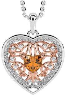 Diamond Citrine Rose Gold Silver Celtic Tree of Life Trinity Knot Heart Necklace