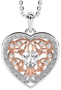 Diamond Rose Gold Silver Celtic Tree of Life Trinity Knot Heart Necklace