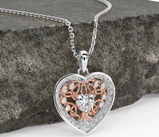 Diamond Rose Gold Silver Celtic Tree of Life Trinity Knot Heart Necklace