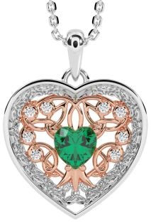 Diamond Emerald Rose Gold Silver Celtic Tree of Life Trinity Knot Heart Necklace