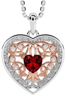 Diamond Garnet Rose Gold Silver Celtic Tree of Life Trinity Knot Heart Necklace