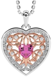 Diamond Pink Tourmaline Rose Gold Silver Celtic Tree of Life Trinity Knot Heart Necklace