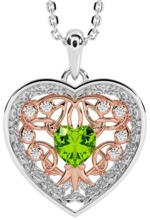 Diamond Peridot Rose Gold Silver Celtic Tree of Life Trinity Knot Heart Necklace