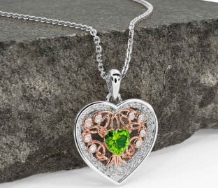 Diamond Peridot Rose Gold Silver Celtic Tree of Life Trinity Knot Heart Necklace
