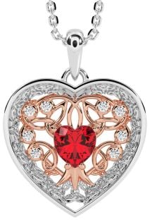 Diamond Ruby Rose Gold Silver Celtic Tree of Life Trinity Knot Heart Necklace