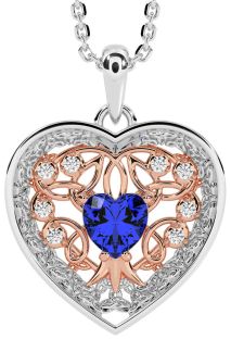 Diamond Sapphire Rose Gold Silver Celtic Tree of Life Trinity Knot Heart Necklace