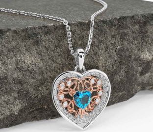 Diamond Topaz Rose Gold Silver Celtic Tree of Life Trinity Knot Heart Necklace